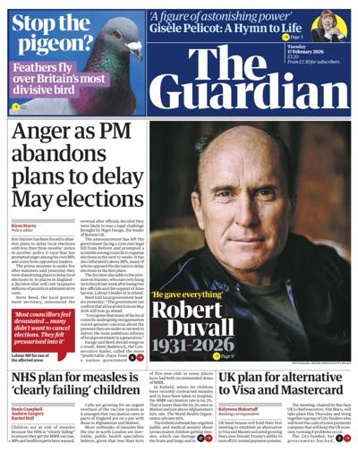 The Guardian Newspaper Front Page (UK) for 17 February 2026