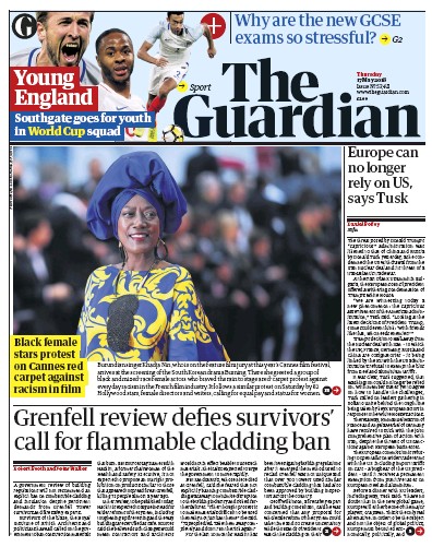 The Guardian Newspaper Front Page (UK) for 17 May 2018