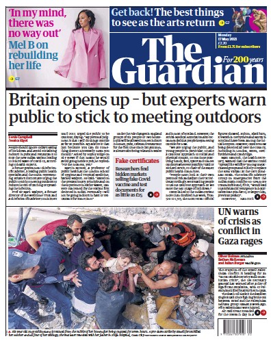 The Guardian Newspaper Front Page (UK) for 17 May 2021