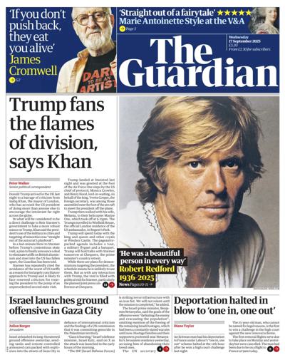 The Guardian Newspaper Front Page (UK) for 17 September 2025