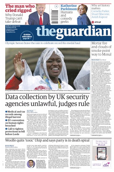 The Guardian Newspaper Front Page (UK) for 18 October 2016