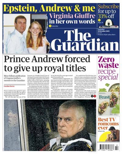 The Guardian Newspaper Front Page (UK) for 18 October 2025