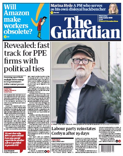 The Guardian Newspaper Front Page (UK) for 18 November 2020