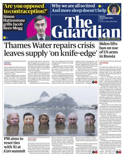 The Guardian Newspaper Front Page (UK) for 18 November 2024