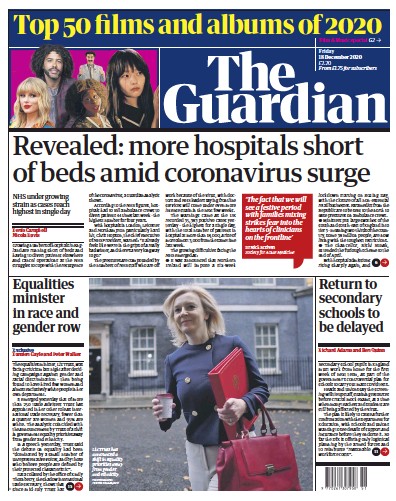 The Guardian Newspaper Front Page (UK) for 18 December 2020