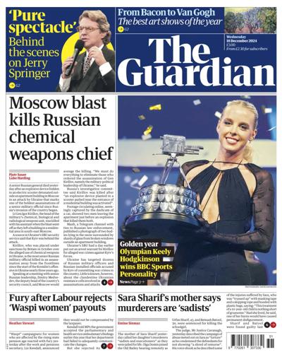 The Guardian Newspaper Front Page (UK) for 18 December 2024