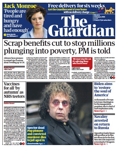 The Guardian Newspaper Front Page (UK) for 18 January 2021