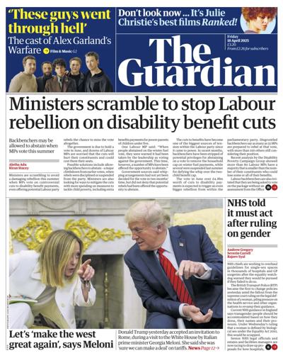 The Guardian Newspaper Front Page (UK) for 18 April 2025