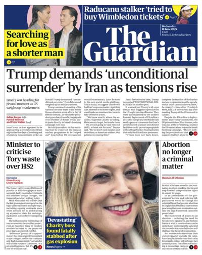 The Guardian Newspaper Front Page (UK) for 18 June 2025