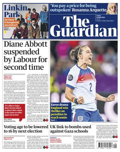 The Guardian Newspaper Front Page (UK) for 18 July 2025
