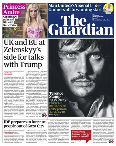 The Guardian Newspaper Front Page (UK) for 18 August 2025