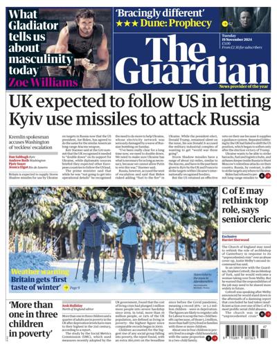 The Guardian Newspaper Front Page (UK) for 19 November 2024