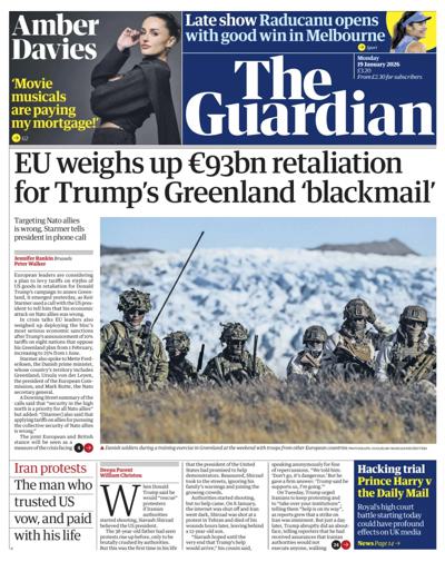 The Guardian Newspaper Front Page (UK) for 19 January 2026