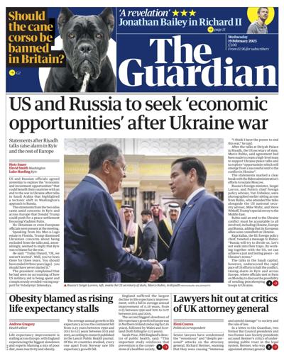 The Guardian Newspaper Front Page (UK) for 19 February 2025