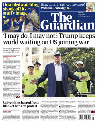 The Guardian Newspaper Front Page (UK) for 19 June 2025