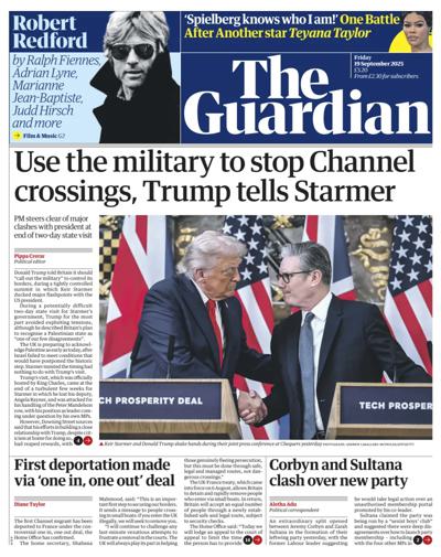 The Guardian Newspaper Front Page (UK) for 19 September 2025