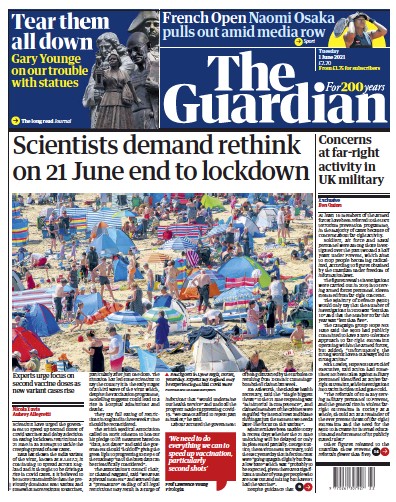 The Guardian Newspaper Front Page (UK) for 1 June 2021