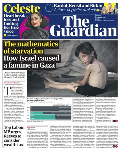 The Guardian Newspaper Front Page (UK) for 1 August 2025