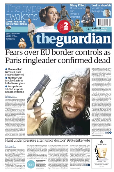 The Guardian Newspaper Front Page (UK) for 20 November 2015