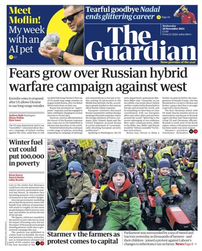 The Guardian Newspaper Front Page (UK) for 20 November 2024