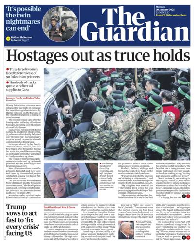 The Guardian Newspaper Front Page (UK) for 20 January 2025