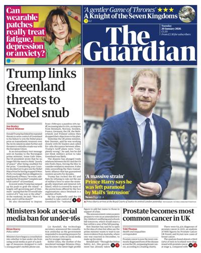 The Guardian Newspaper Front Page (UK) for 20 January 2026