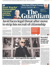 The Guardian (UK) Newspaper Front Page for 20 February 2019