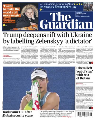 The Guardian Newspaper Front Page (UK) for 20 February 2025