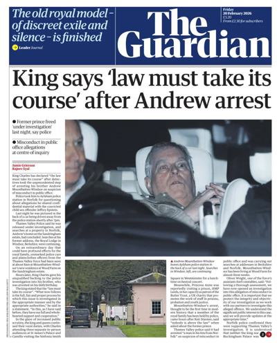 The Guardian Newspaper Front Page (UK) for 20 February 2026