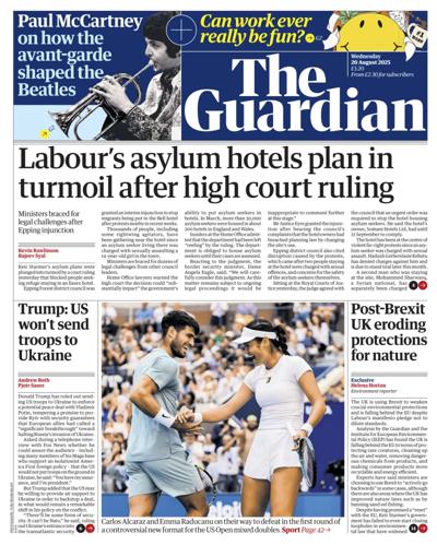 The Guardian Newspaper Front Page (UK) for 20 August 2025