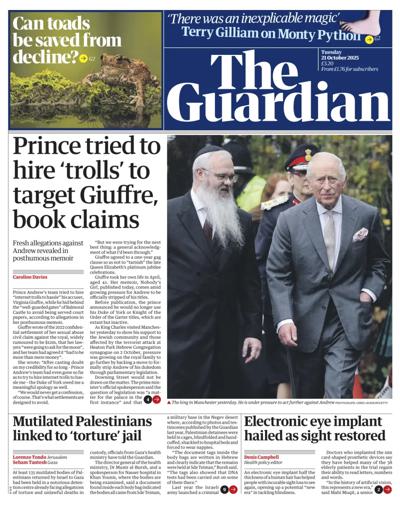 The Guardian Newspaper Front Page (UK) for 21 October 2025