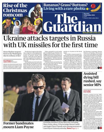 The Guardian Newspaper Front Page (UK) for 21 November 2024