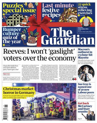 The Guardian Newspaper Front Page (UK) for 21 December 2024