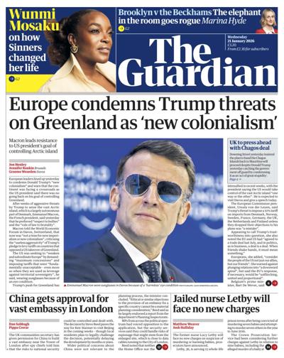 The Guardian Newspaper Front Page (UK) for 21 January 2026