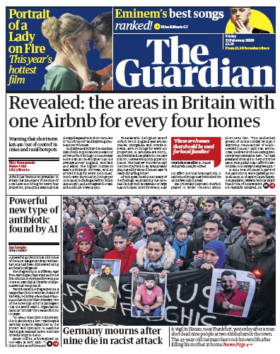 The Guardian Newspaper Front Page (UK) for 21 February 2020