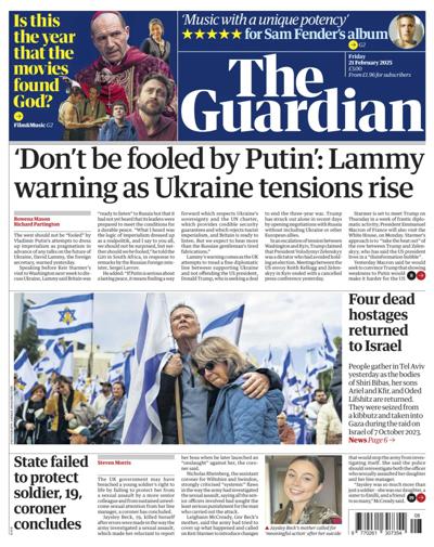 The Guardian Newspaper Front Page (UK) for 21 February 2025