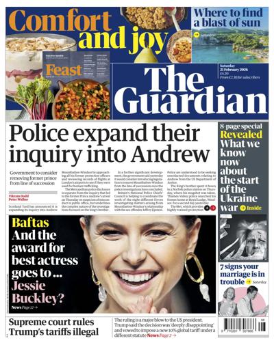 The Guardian Newspaper Front Page (UK) for 21 February 2026