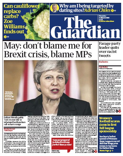 The Guardian Newspaper Front Page (UK) for 21 March 2019