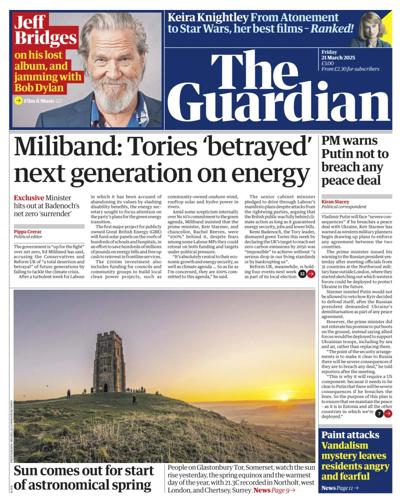 The Guardian Newspaper Front Page (UK) for 21 March 2025