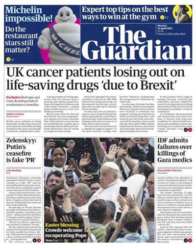 The Guardian Newspaper Front Page (UK) for 21 April 2025