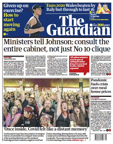 The Guardian Newspaper Front Page (UK) for 21 June 2021