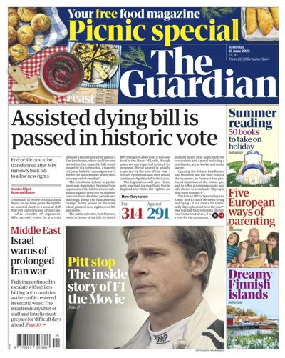 The Guardian Newspaper Front Page (UK) for 21 June 2025