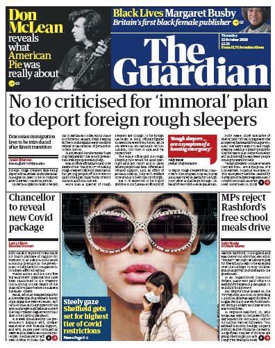 The Guardian Newspaper Front Page (UK) for 22 October 2020