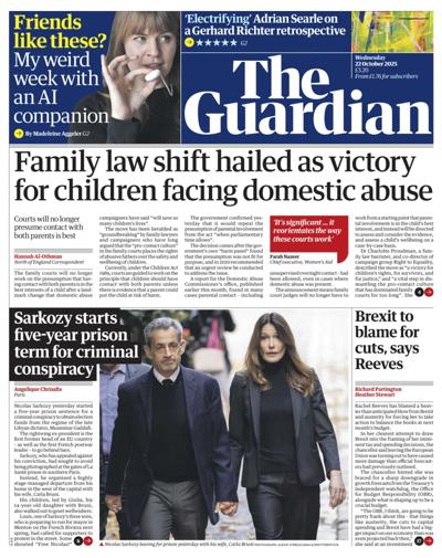 The Guardian Newspaper Front Page (UK) for 22 October 2025