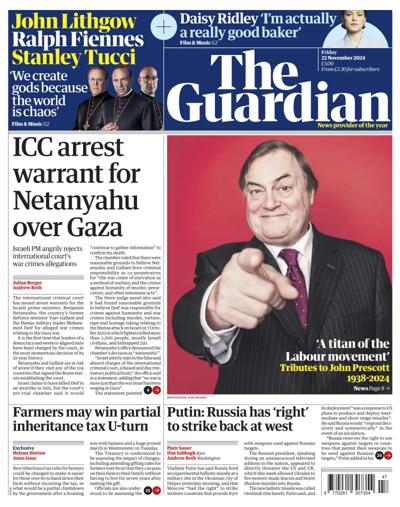 The Guardian Newspaper Front Page (UK) for 22 November 2024