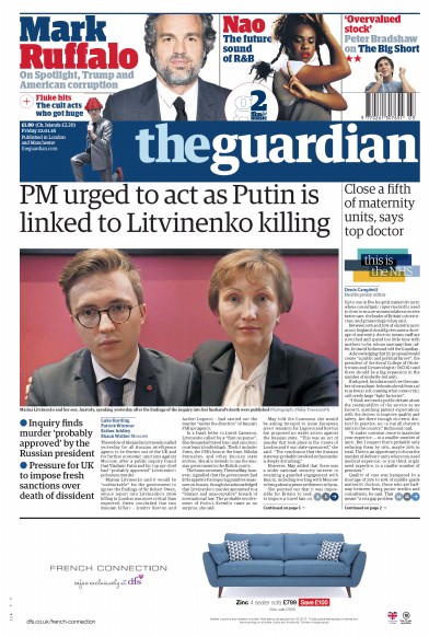 The Guardian Newspaper Front Page (UK) for 22 January 2016