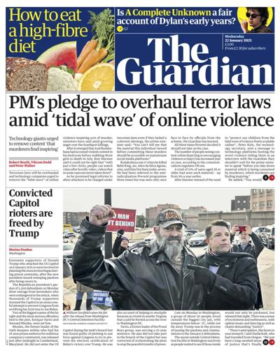 The Guardian Newspaper Front Page (UK) for 22 January 2025