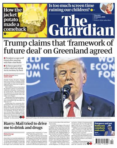 The Guardian Newspaper Front Page (UK) for 22 January 2026