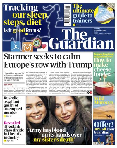 The Guardian Newspaper Front Page (UK) for 22 February 2025