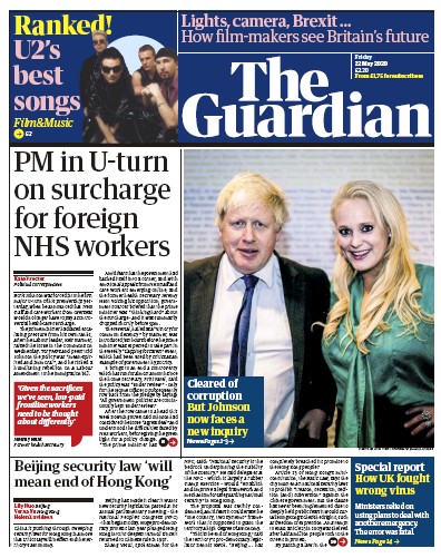 The Guardian Newspaper Front Page (UK) for 22 May 2020